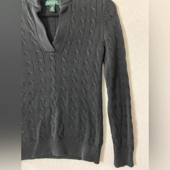 Lauren Ralph Lauren classic black Cable Knit V-neck Collar Sweater Sz PXS - Picture 3 of 9